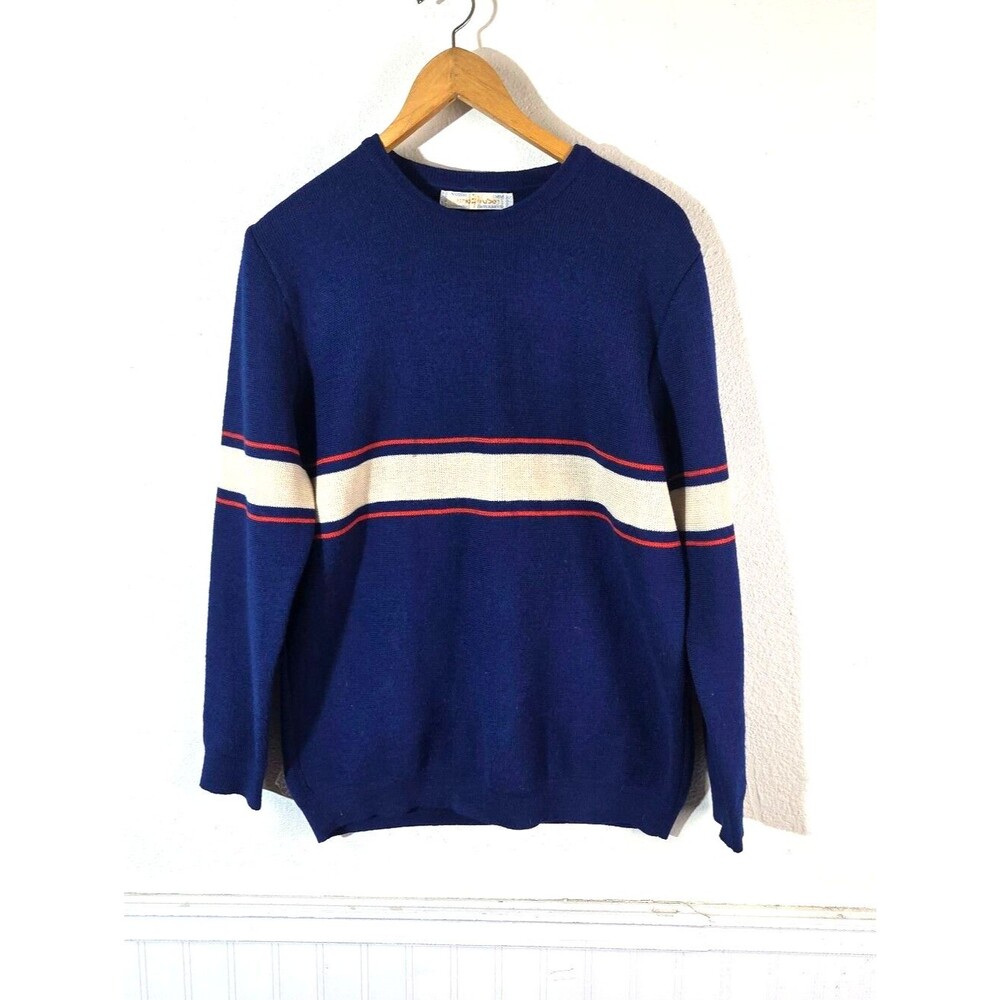 Vintage Carlo Gruber Austria 100% Wool Ski Sweater Mens M Blue Striped Retro